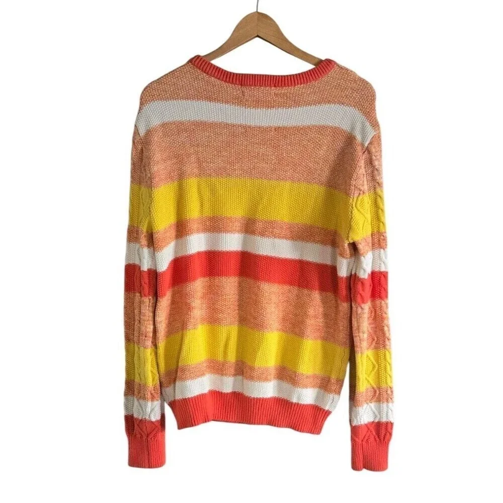 Scoth & Soda Men Jumper Sweater Orange Striped Cable-Knit Crew Neck Cotton Large